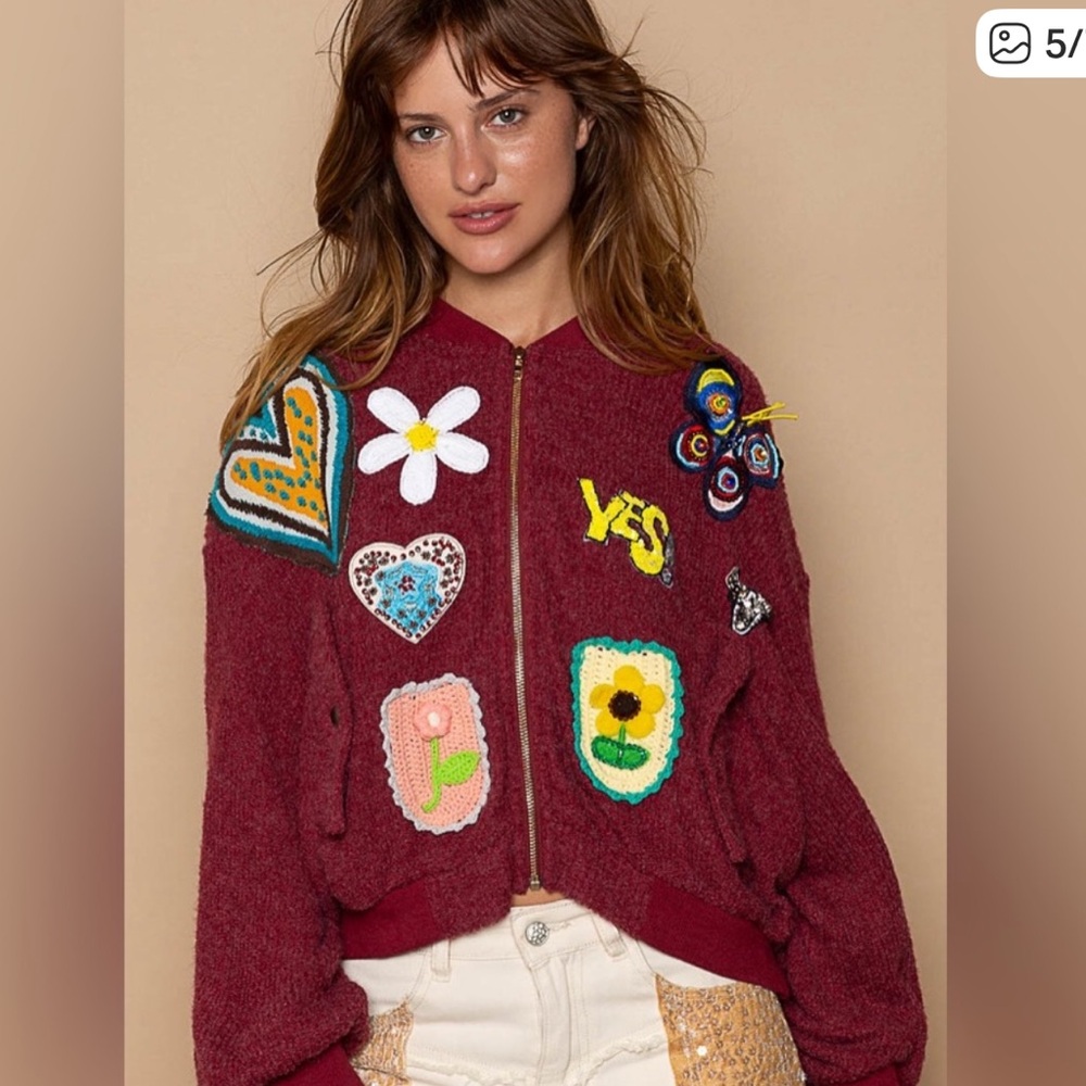 POL Red Varsity Jacket with Colorful Patches